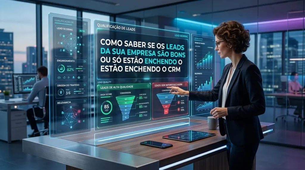 Pessoa avaliando a qualidade dos leads bons em um CRM com dados de vendas e marketing.