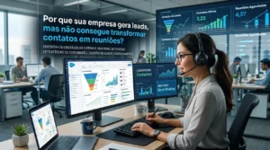 Funil de vendas digital com vazamentos simbolizando a dificuldade em transformar leads em reuniões